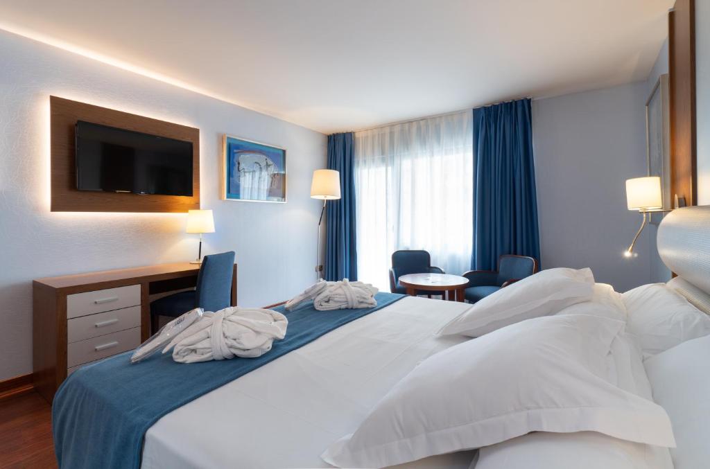 马拉加MS马拉加马斯特兰扎酒店的酒店客房配有一张床、一张书桌和一台电视。