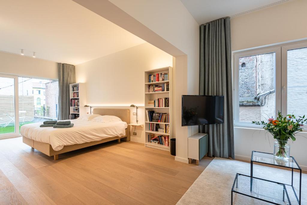 根特Gepetto's - Beautiful stay in the Historic centre of Ghent -的一间卧室配有一张床和一台平面电视