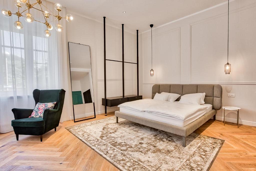 奥西耶克Apartman Otokar的一间卧室配有一张床和一把椅子