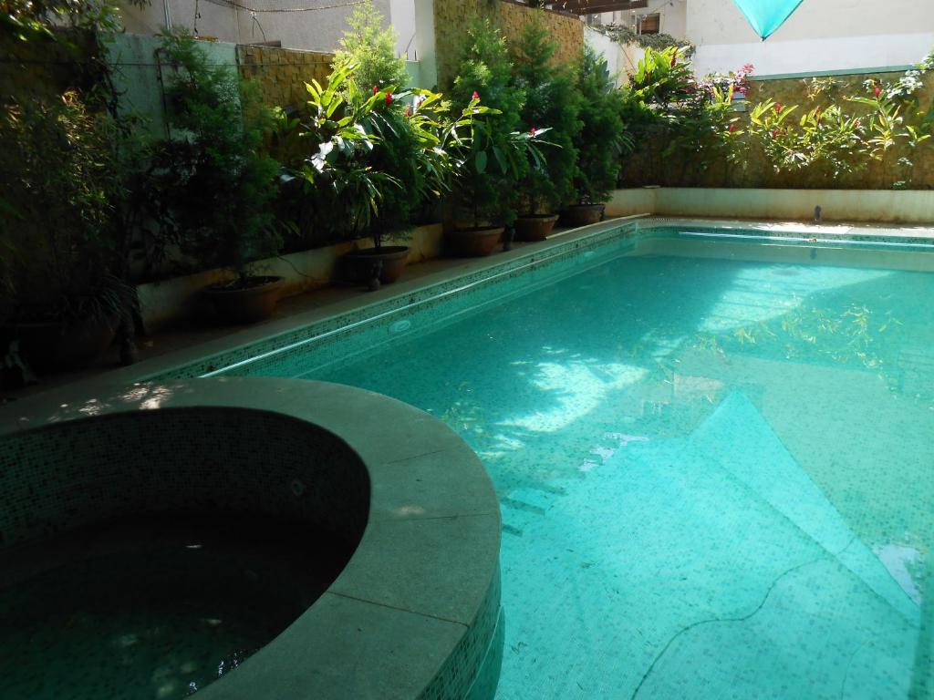 班加罗尔布伦顿高地行政套房酒店的一座建筑物边种有植物的游泳池
