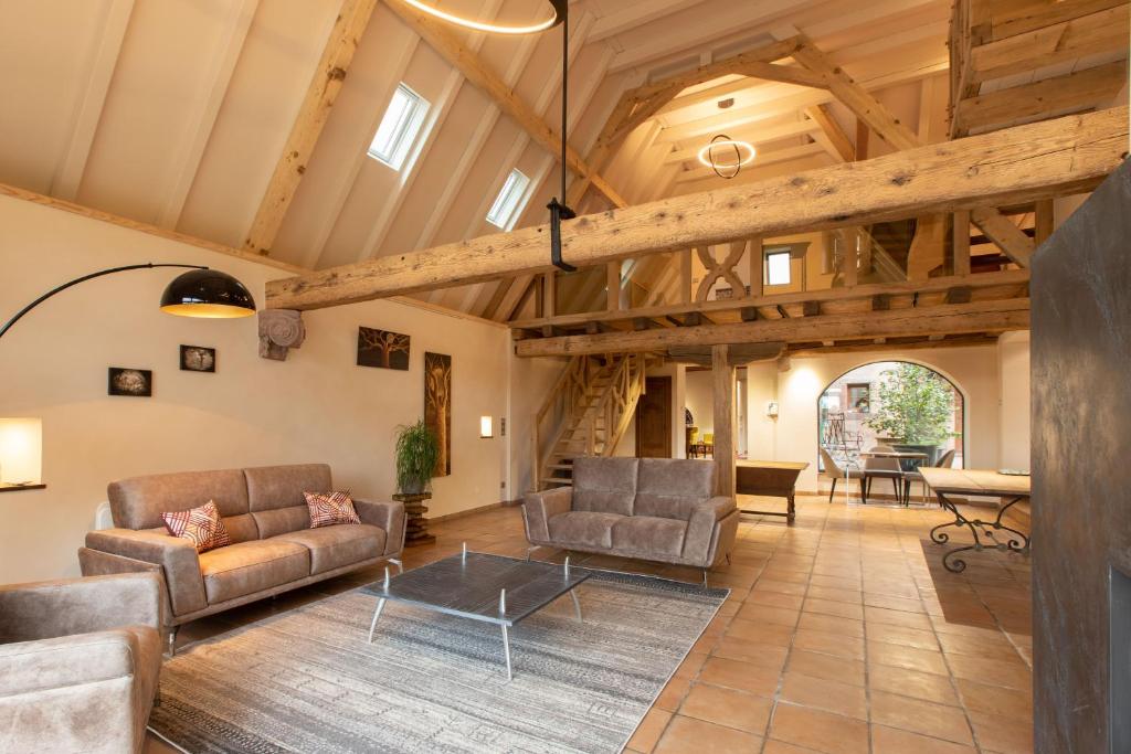 米泰尔贝尔甘LA TOUR des fées-spa的客厅设有木制天花板、沙发和桌子