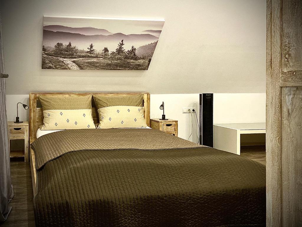 鲁斯特Dilger Apartments的卧室配有一张挂在墙上的床铺