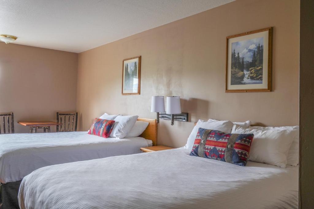 大天空市白水旅馆的酒店客房设有两张床和一张桌子。