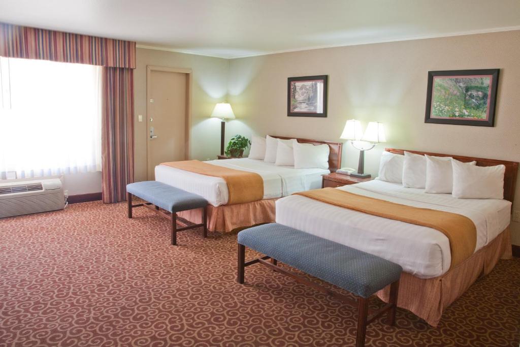 蒙特罗斯Red Arrow Boutique Hotel的酒店客房设有两张床和窗户。