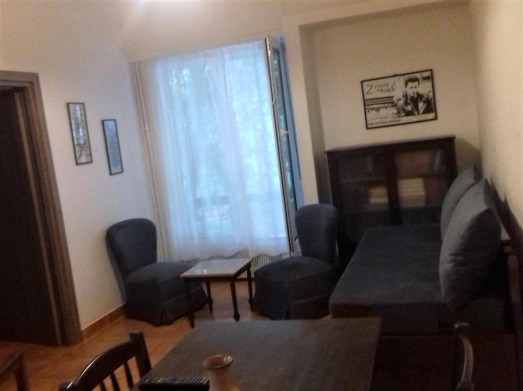 雅典Fotini's appartment的客厅配有沙发和桌子