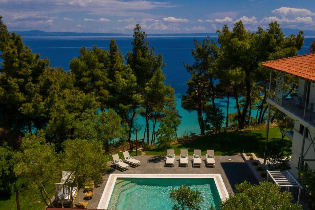 阿菲托斯Elies 33 Bio Retreat的享有带游泳池的度假村的空中景致