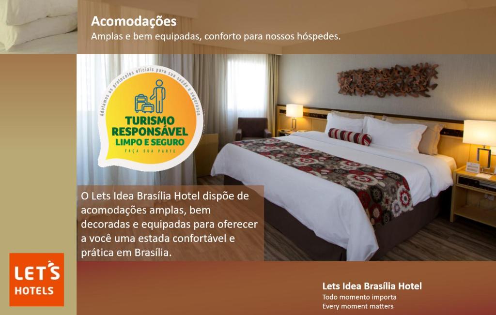 巴西利亚Lets Idea Brasília Hotel的一张酒店客房的海报,上面有一张床和一个标志