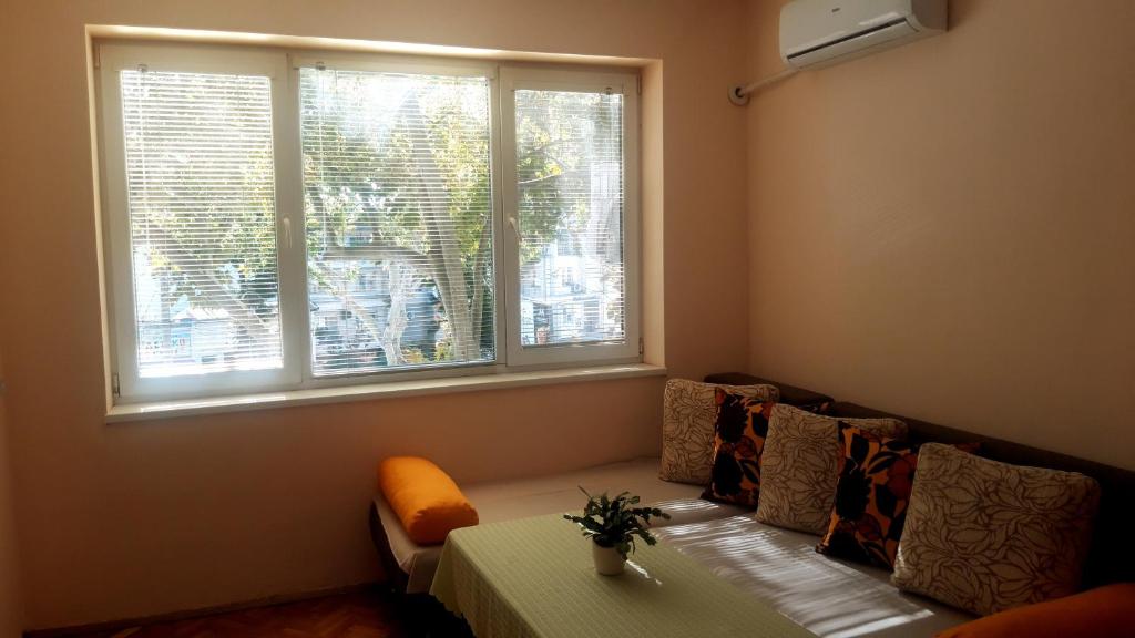 SilistraCentral Apartment的带沙发和2扇窗户的客厅