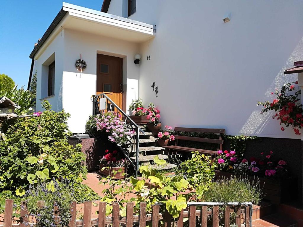EldenaFerienwohnung und Bungalow Haegema的白色的小房子,有楼梯和鲜花