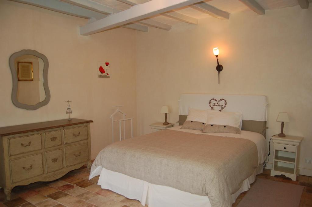 Saint-GenouphLa Grange Dîmière, près de Tours的一间卧室配有一张床、梳妆台和镜子