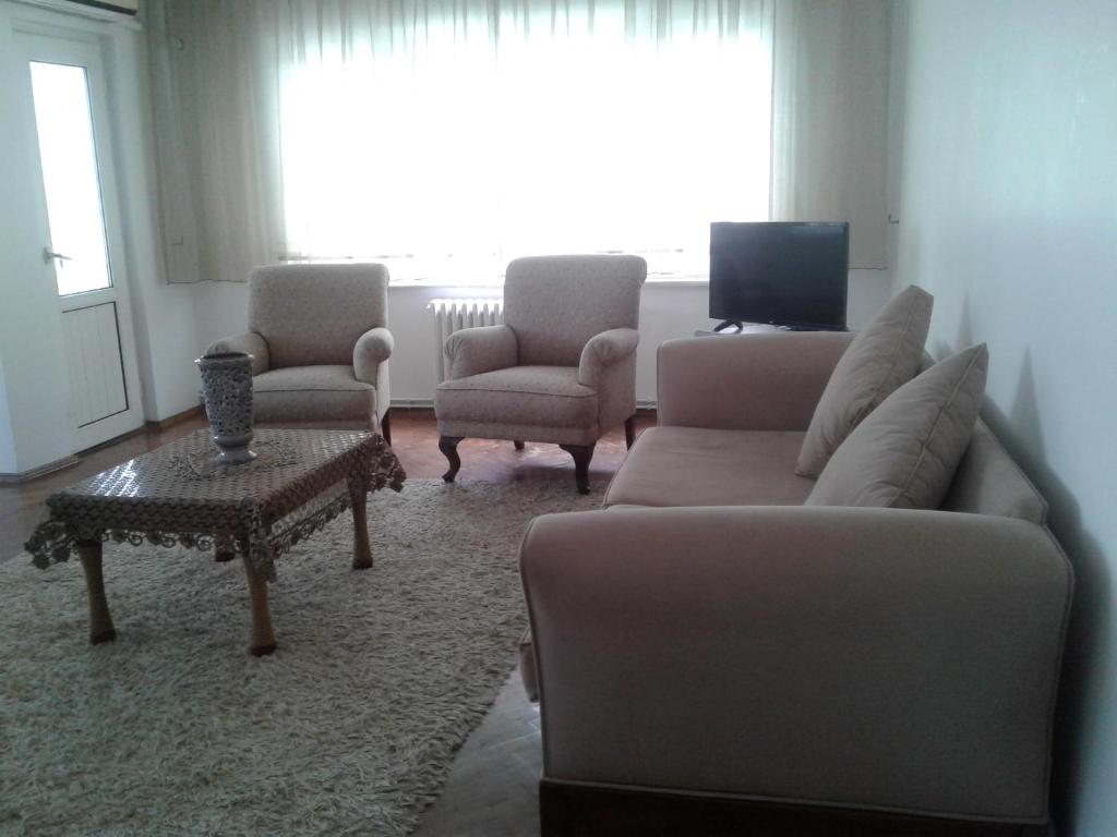 伊斯坦布尔Horizons的客厅配有沙发、两把椅子和一张桌子