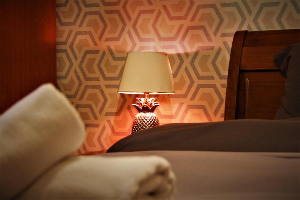 克卢日-纳波卡Cluj CITY Vibe的卧室里的一盏灯,旁边是一张床,带灯