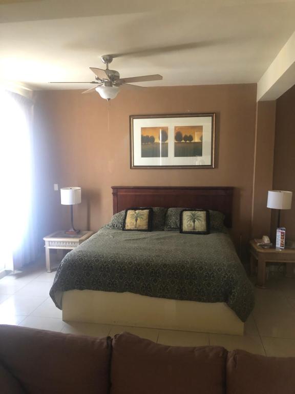 马塔莫罗斯HOTEL PLAZA RIVIERA的一间卧室配有一张床和吊扇