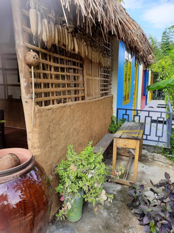Kon TumHomestay Nang Nghieng的前面有长凳和植物的小小屋