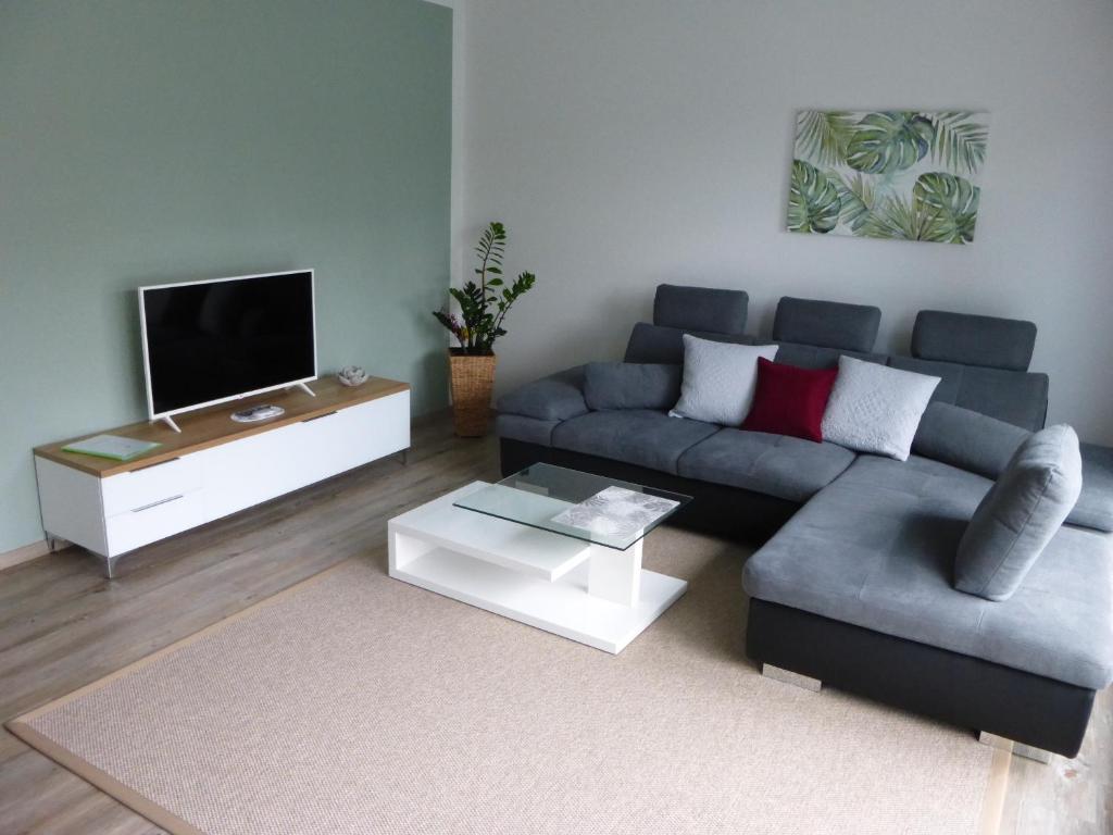 韦因加尔滕E&B-Apartments Weingarten的带沙发和电视的客厅