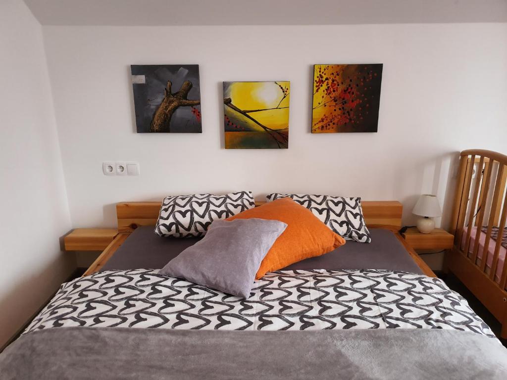 克拉尼斯卡戈拉Apartmaji Daniel的卧室配有一张壁挂着四幅画作的床