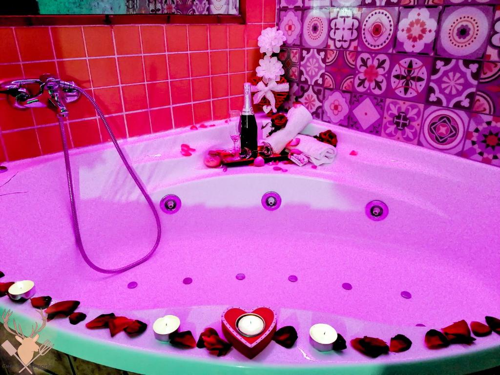 HinojaresCueva La Panadera - CuevasCazorla的粉红色的浴缸,里面装满了许多化妆品