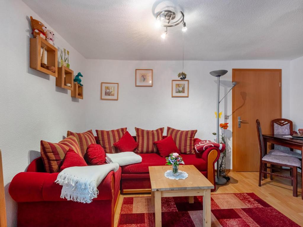 巴特多布兰Pleasant Apartment in Bad Doberan near the Sea的客厅配有红色的沙发和桌子