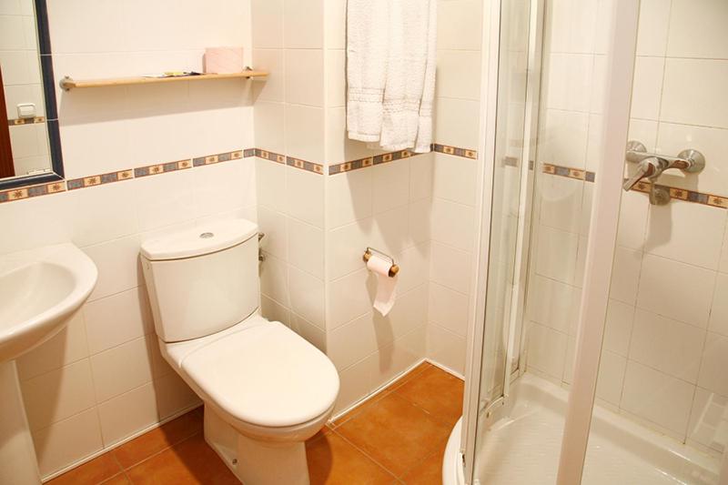布尔戈斯Alojamiento Numancia Pensión的白色的浴室设有卫生间和淋浴。