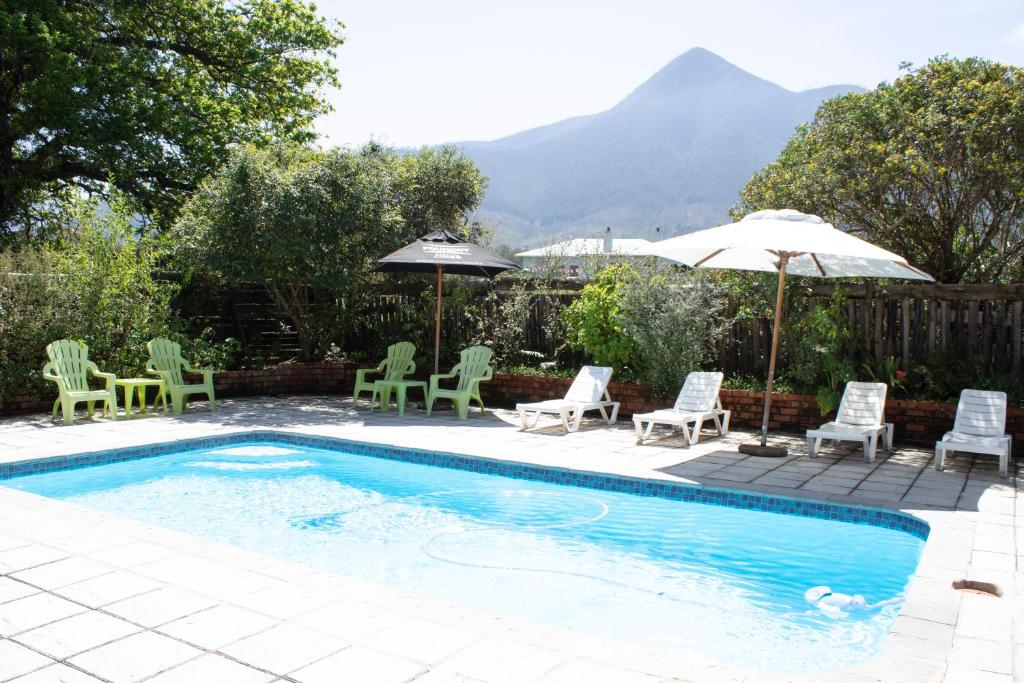 斯托姆勒菲安德洛米森林旅馆的一个带草坪椅和遮阳伞的游泳池