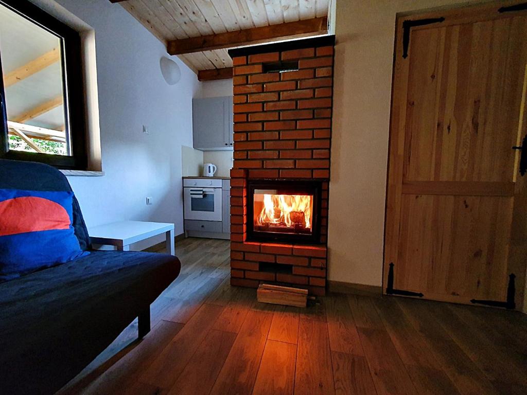 NowicaDomki w Nowicy的一间客厅,客厅内配有砖砌壁炉