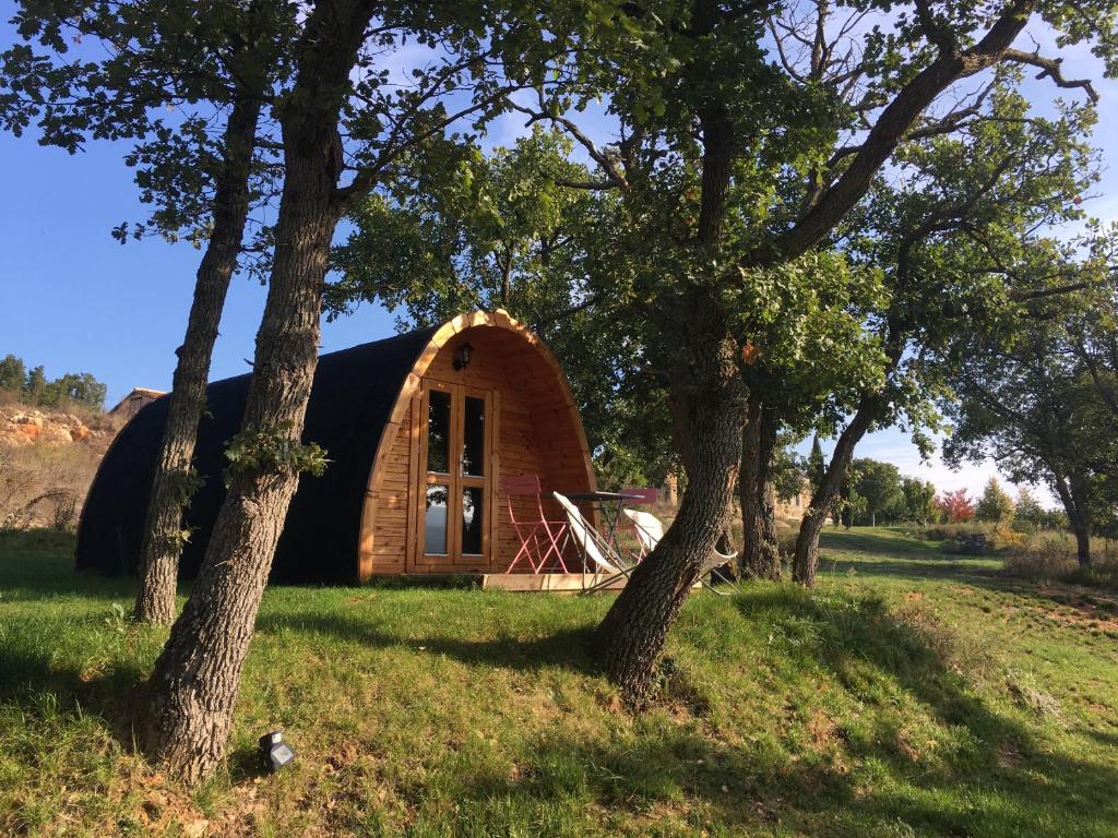 RiansLe Pod de L'Adret的树田中带茅草屋顶的小屋