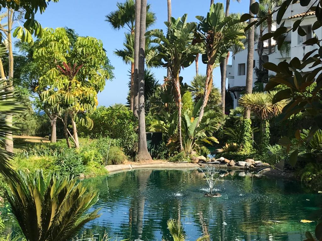 EsteponaApartment Costalita, direct beach access, ground floor, salt water pool的棕榈树花园中间的游泳池