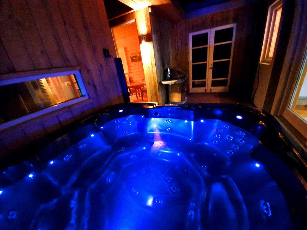 盖锡尔Adventure Eagle Cottege的窗户客房内的大蓝色浴缸