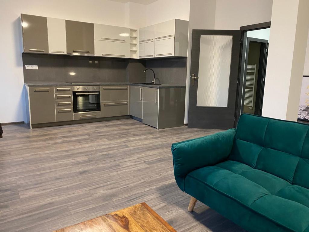 利贝雷茨Boutique Apartments Liberec的带沙发的客厅和厨房