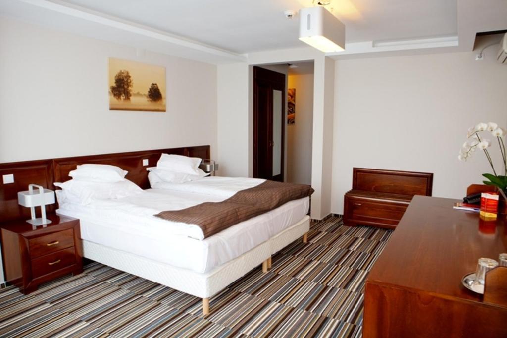 博托沙尼Hotel Belvedere的酒店客房配有一张床铺和一张桌子。