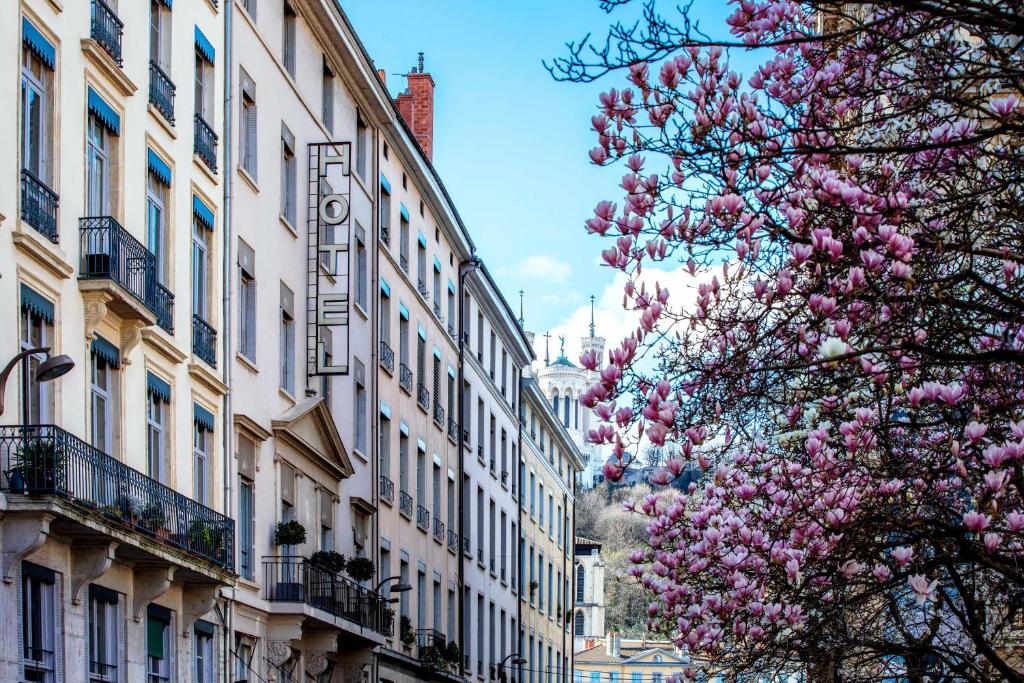 里昂艺术家酒店的一条有建筑的城市街道,一棵有粉红色花卉的树