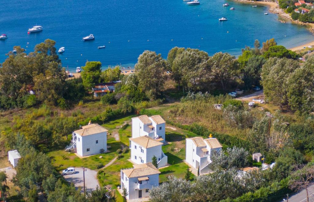 克里奥斯Kleopatra Villas - Seaside Suites的水边山丘上房屋的空中景观