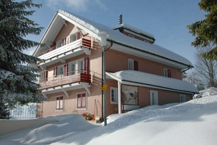 瑞吉卡尔巴德Chalet Bergli的前面有雪的房子