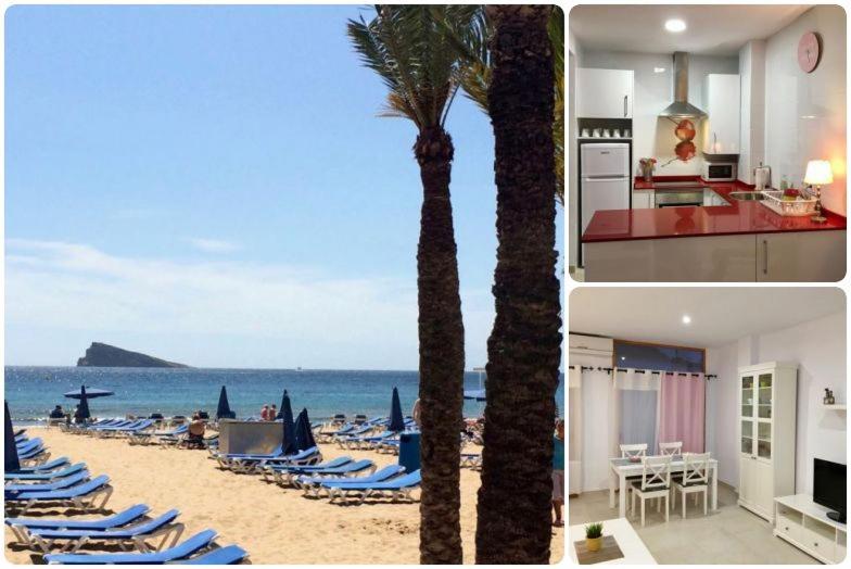 阿尔啼Altea Villa Buraux的两幅海滩照片,两幅椅子和一棵棕榈树