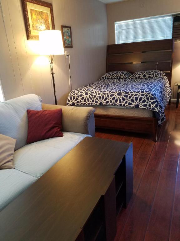 伍德兰希尔斯Woodland Hills BEST Priced Room的客厅配有沙发和1张床