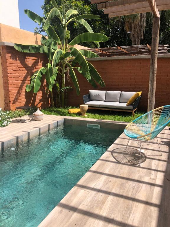 达喀尔BOMA LifeStyle Hotel的房屋旁的游泳池配有一张沙发和椅子