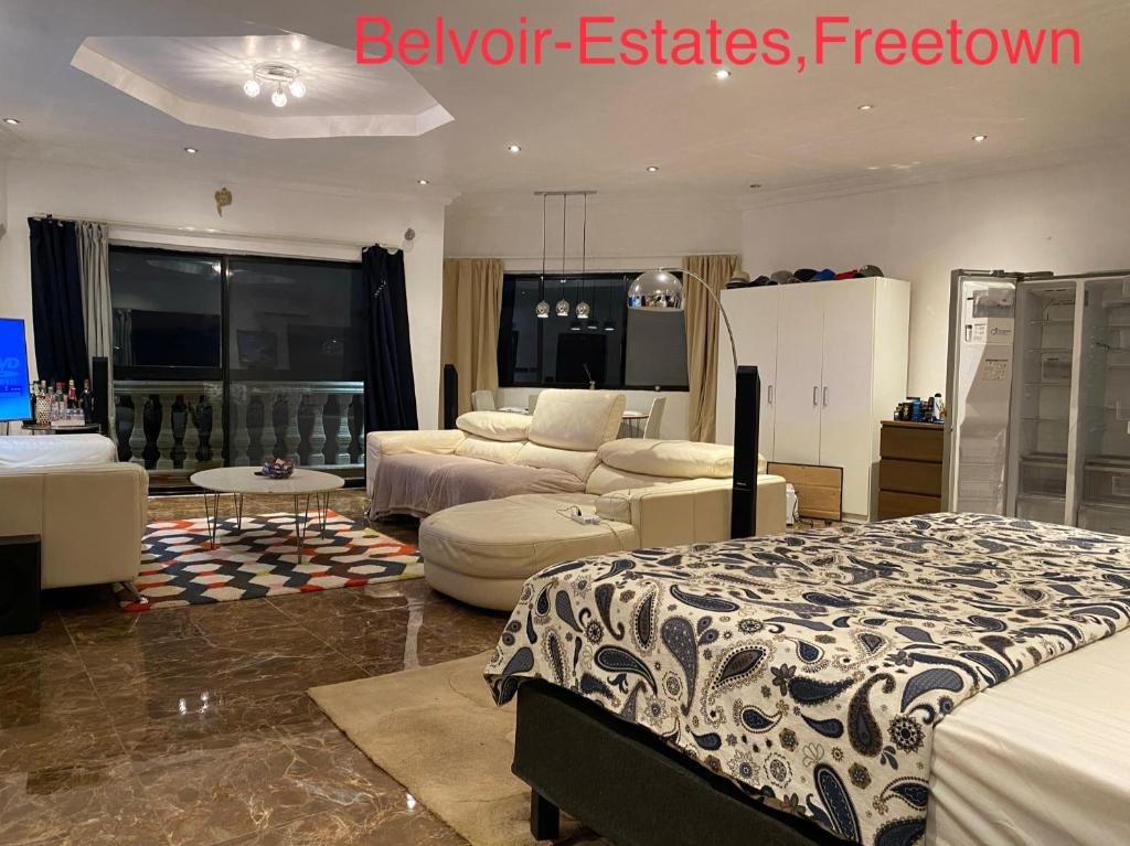 弗里敦Belvoir Estate Serviced Apart-Hotel & Residence的一间带两张床和一张沙发的卧室