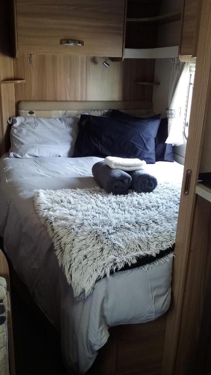 蒂阿瓦穆图Caravan Glamping Accommodation的一张带两个枕头的床铺