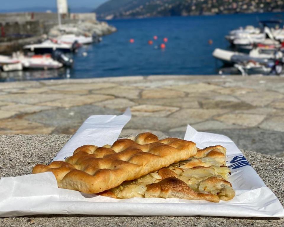 卡莫利索菲欧迪马雷酒店的水边桌子上的一个三明治