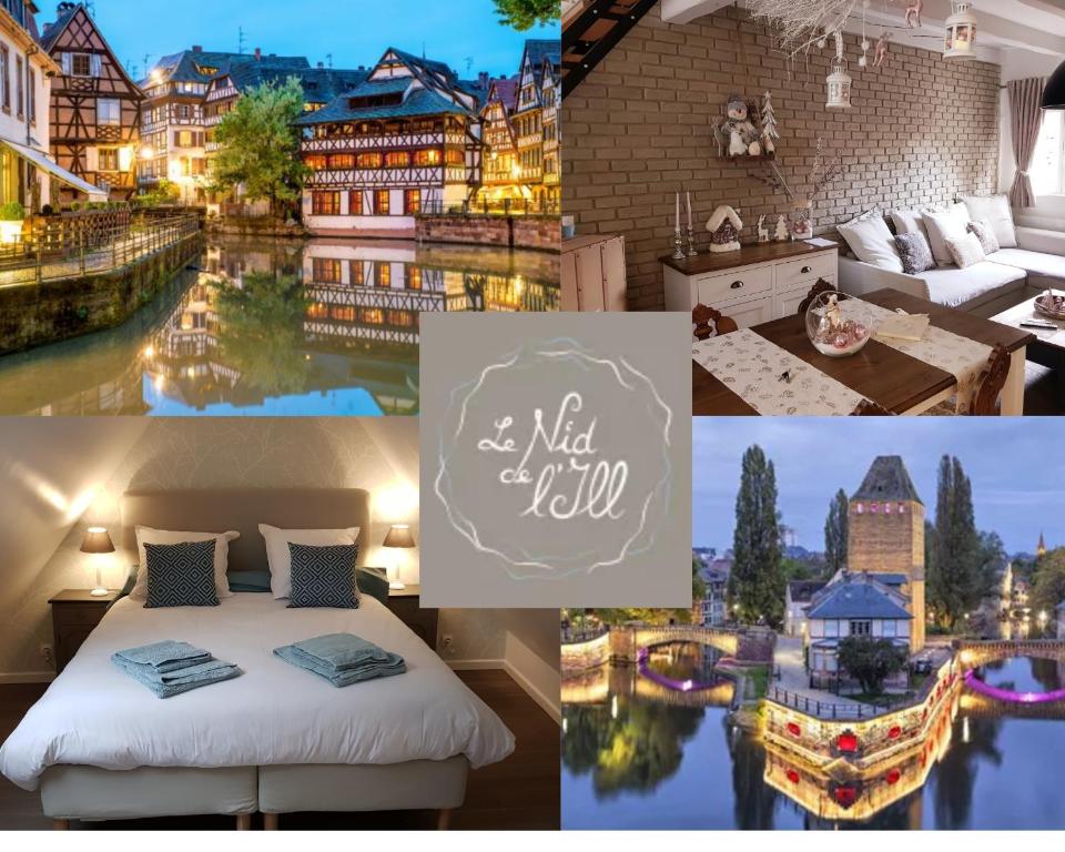 斯特拉斯堡LE NID DE L'ILL, Magnifique Duplex Cosy Petite France的一张有床和一条河流的酒店图片的拼贴