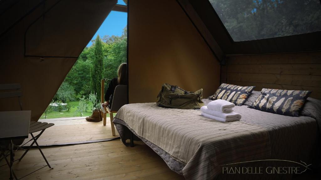 萨塞塔Glamping Pian delle Ginestre的一间带一张床铺的卧室,位于带大窗户的房间内