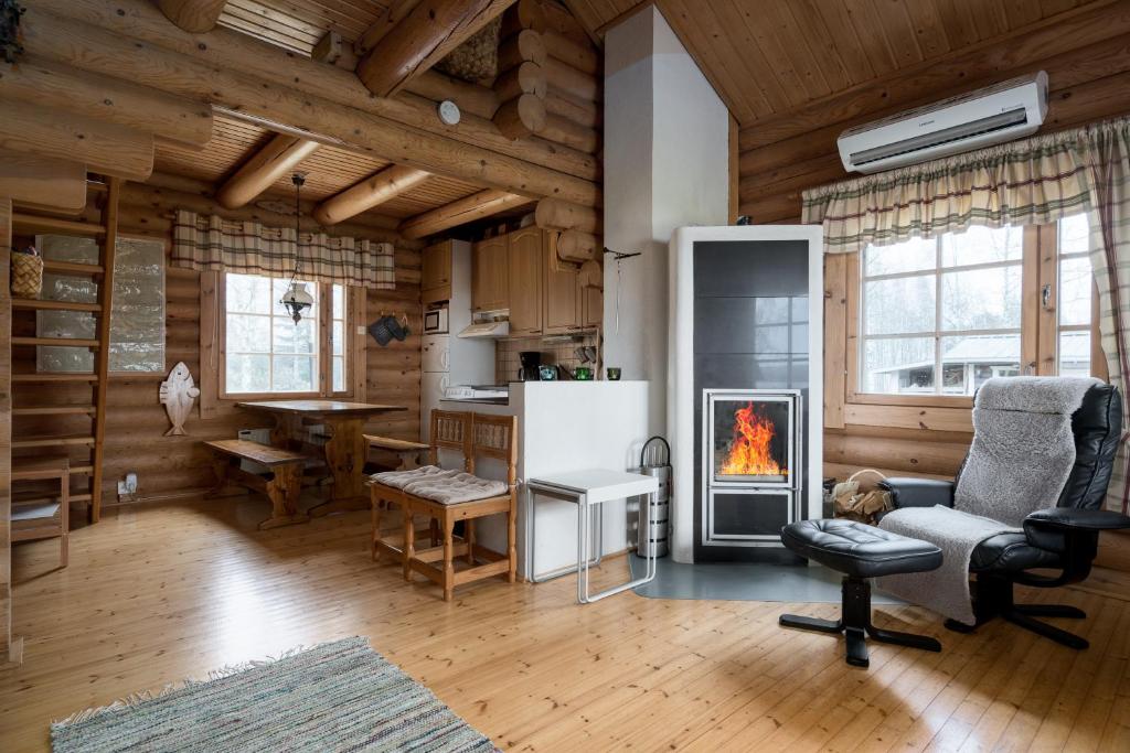 AlapitkäAinola Cottage的小木屋内带壁炉的客厅