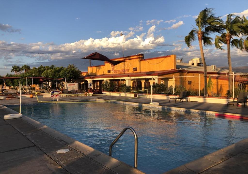 圣费利佩Hotel Las Palmas的一座棕榈树和建筑的大型游泳池