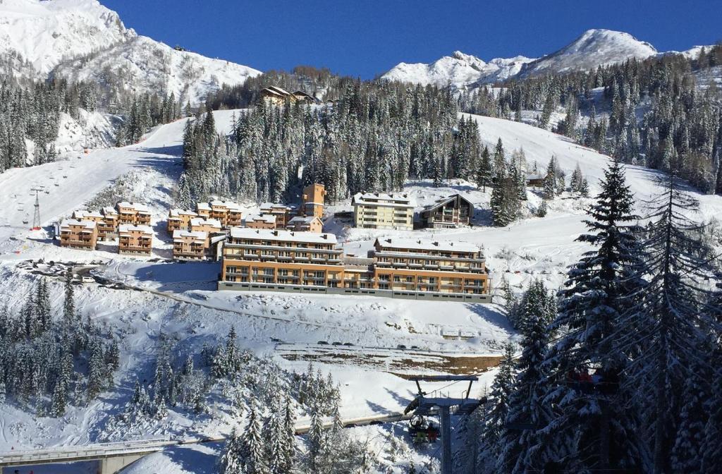 索内纳尔佩·纳斯费尔德Ferienapartment Nassfeld的雪覆盖着群山的酒店