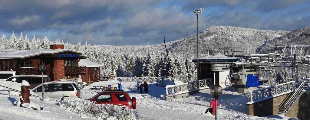 利特威诺夫Hotel Emeran的雪覆盖的村庄,有汽车停在雪中