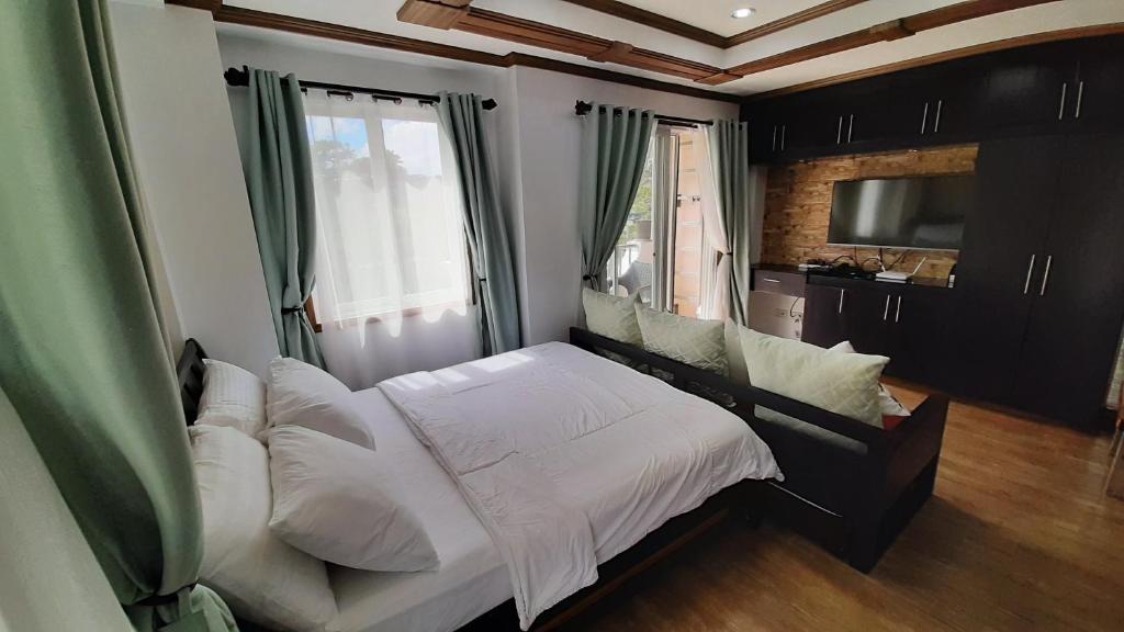 碧瑶Gab's CozyHome at Bonbel Condo, Botanical Gardens Baguio的一间卧室配有一张床、一张沙发和一台电视