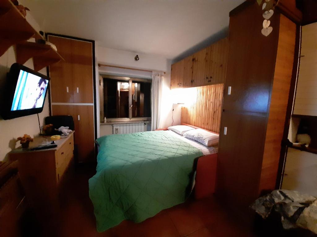罗卡拉索Paradiso Aremogna的一间卧室配有绿色的床和电视