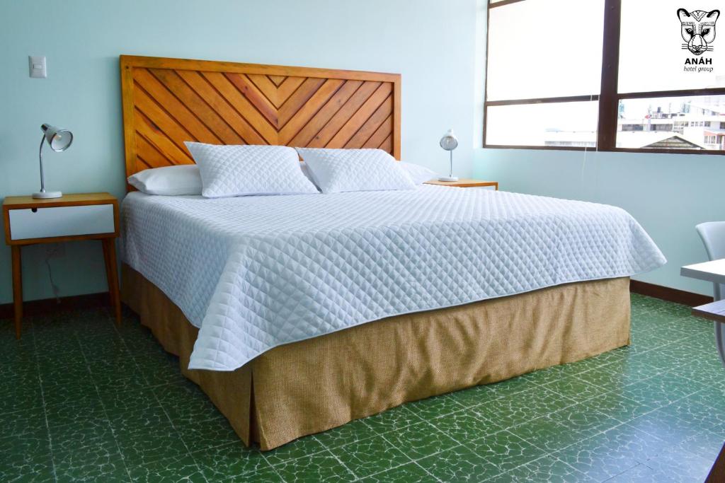 危地马拉Apartamentos el Prado en Zona 1 - ANAH hotel group的一间卧室配有一张大床和木制床头板