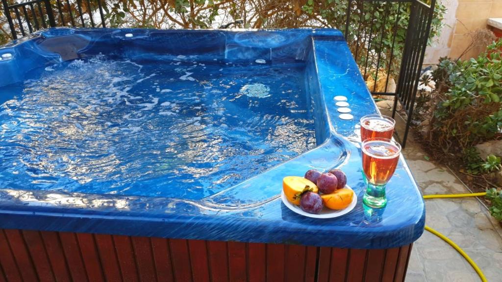 阿拉德Dead Sea-Sunny Holidays Village & SPA的游泳池,有一碗水果和两杯果汁