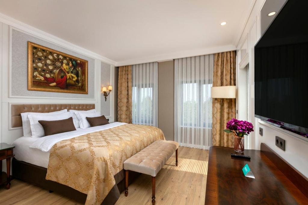 安塔利亚Pukka Hotel的一间卧室配有一张大床和电视